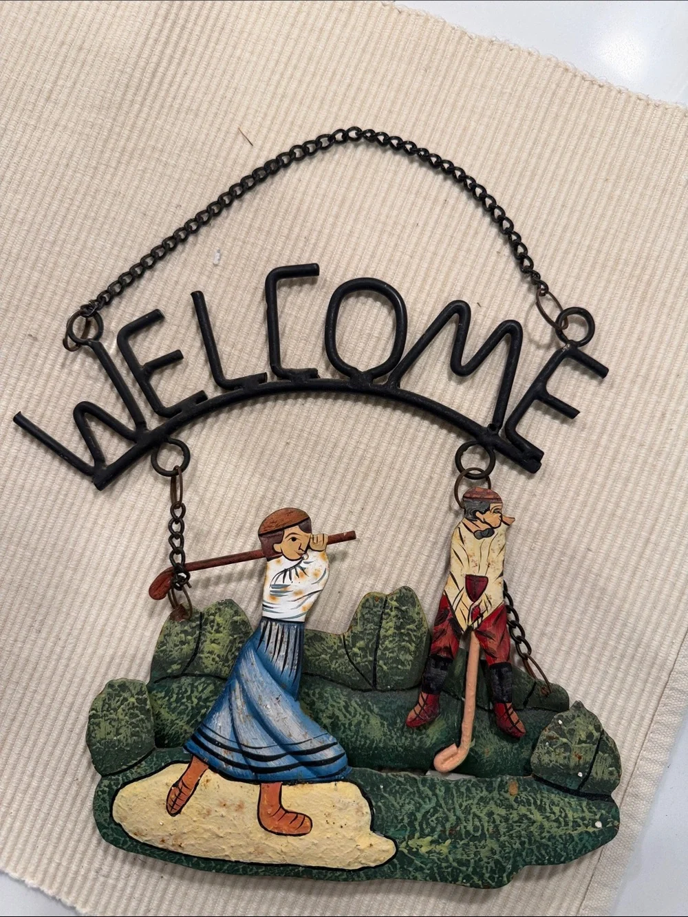 Vintage Welcome Wall Hanging - Black Metal with Multicolor Golf Scene